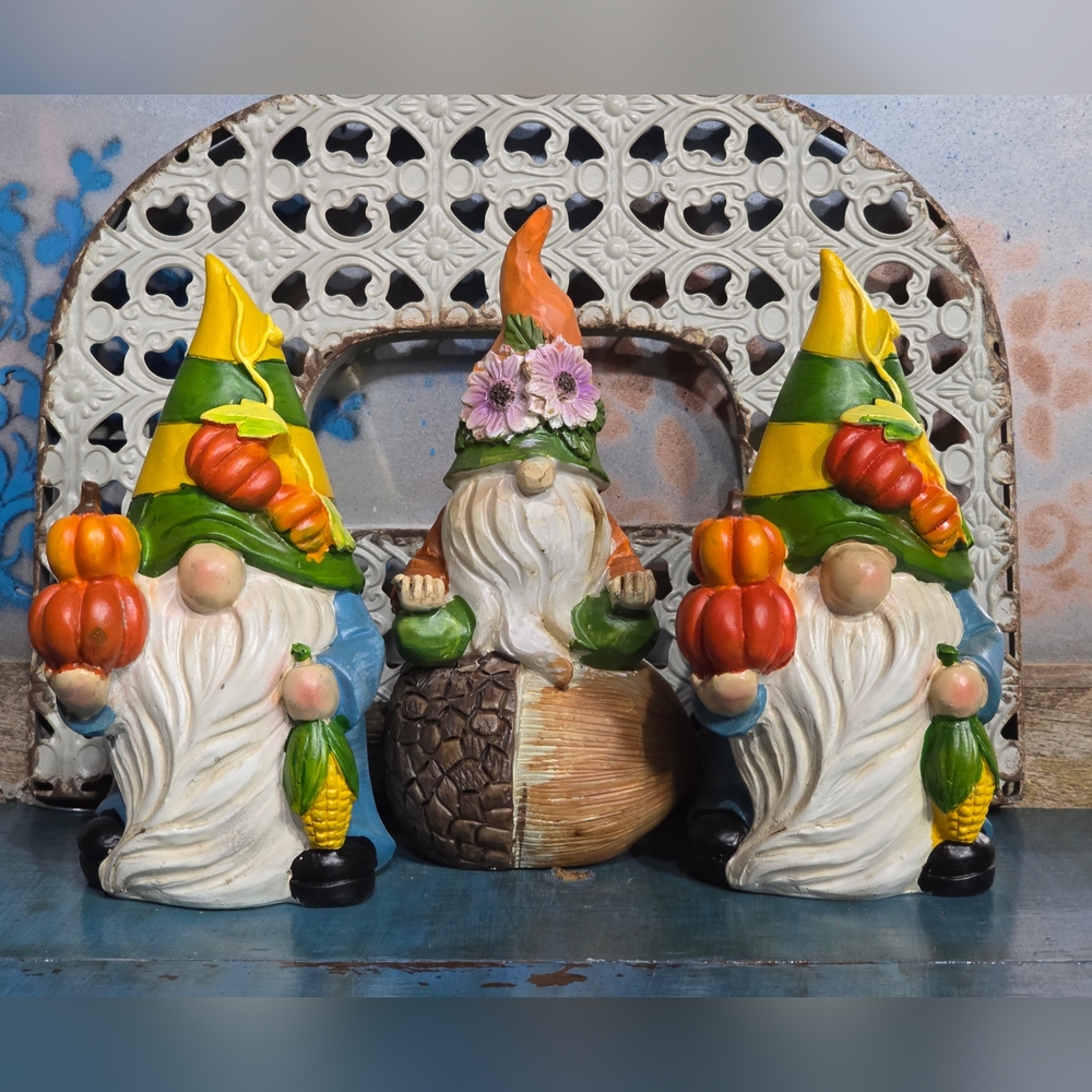 Colorful Gnome Figurines with Pumpkins And Acorns, Set Of 3